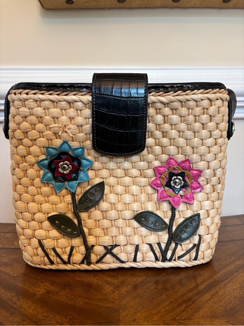 Vintage Woven Elka Straw Floral Crossbody Bag with Black Trim